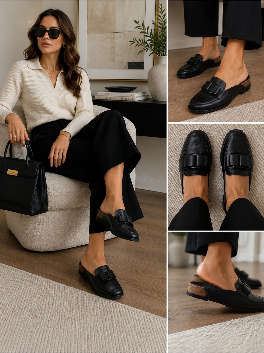 Vionic Women’s Black Leather Mule Loafers Bow Detail Slip On Shoes Size 8.5